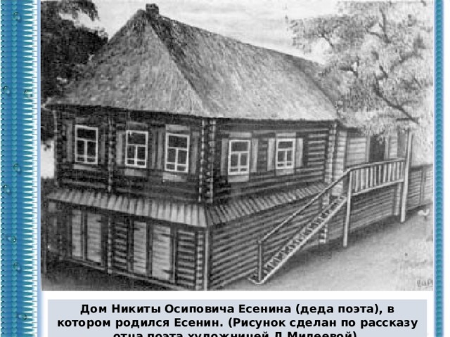 Дом Никиты Осиповича Есенина (деда поэта), в котором родился Есенин. (Рисунок сделан по рассказу отца поэта художницей Л.Милеевой).