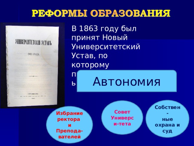 В 1863 году был принят Новый Университетский Устав, по которому провозглашалась: Автономия Собствен- ные охрана и суд Совет Универси-тета Избрание ректора и Препода- вателей