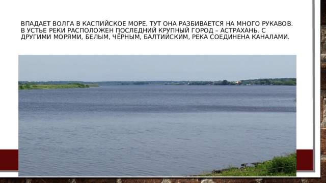 Впадает Волга в Каспийское море. Тут она разбивается на много рукавов. В устье реки расположен последний крупный город – Астрахань. С другими морями, Белым, Чёрным, Балтийским, река соединена каналами.