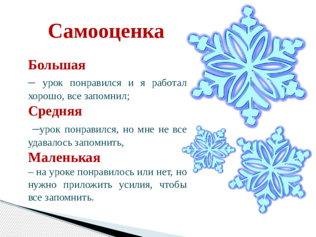 Большая – урок понравился и я работал хорошо, все запомнил; Средняя  – урок понравился, но мне не все удавалось запомнить, Маленькая – на уроке понравилось или нет, но нужно приложить усилия, чтобы все запомнить.   Самооценка