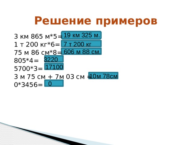 Решение примеров 19 км 325 м. 3 км 865 м*5= 1 т 200 кг*6= 75 м 86 см*8= 805*4= 5700*3= 3 м 75 см + 7м 03 см = 0*3456= 7 т 200 кг 606 м 88 см. 3220 17100 10м 78см 0