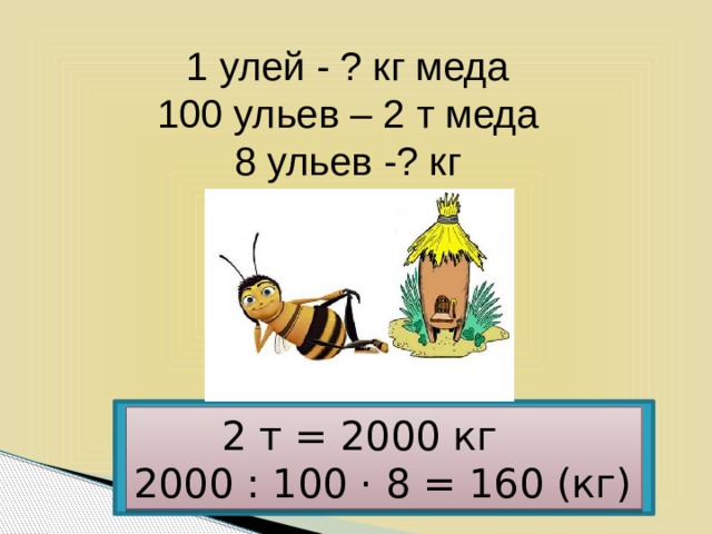 1 улей - ? кг меда 100 ульев – 2 т меда 8 ульев -? кг  2 т = 2000 кг 2000 : 100 · 8 = 160 (кг)