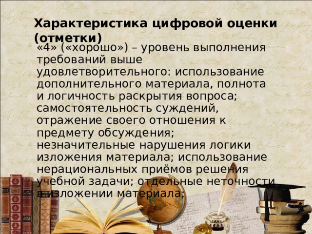 Характеристика цифровой оценки (отметки) «4» («хорошо») – уровень выполнения требований выше удовлетворительного: использование дополнительного материала, полнота и логичность раскрытия вопроса; самостоятельность суждений, отражение своего отношения к предмету обсуждения; незначительные нарушения логики изложения материала; использование нерациональных приёмов решения учебной задачи; отдельные неточности в изложении материала;