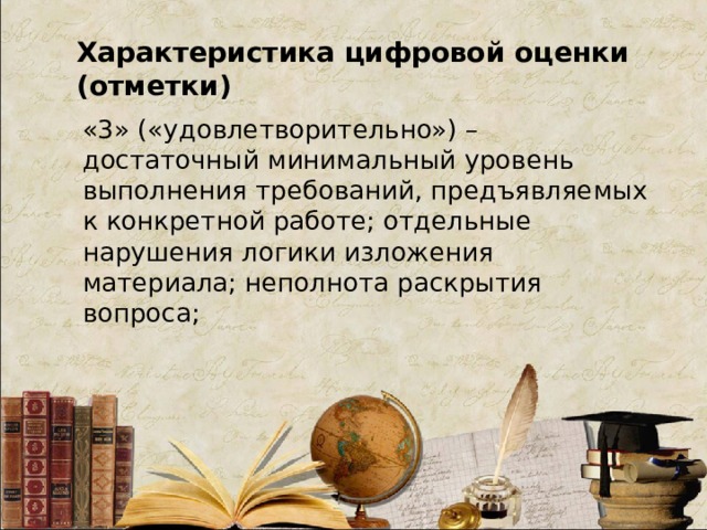 Характеристика цифровой оценки (отметки) «3» («удовлетворительно») – достаточный минимальный уровень выполнения требований, предъявляемых к конкретной работе; отдельные нарушения логики изложения материала; неполнота раскрытия вопроса;