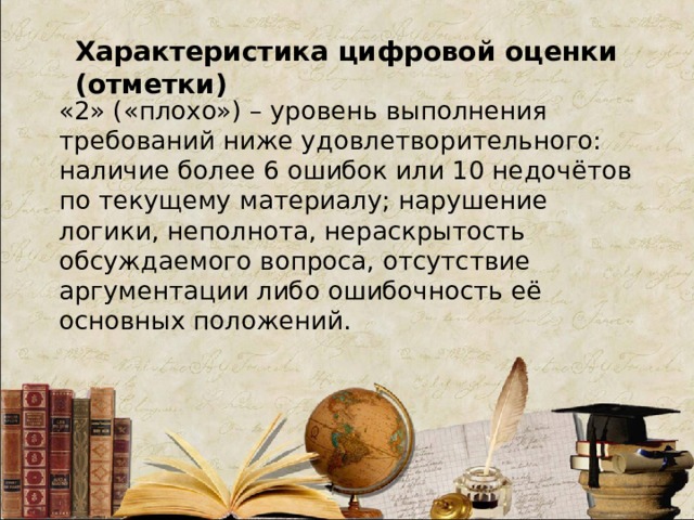 Характеристика цифровой оценки (отметки) «2» («плохо») – уровень выполнения требований ниже удовлетворительного: наличие более 6 ошибок или 10 недочётов по текущему материалу; нарушение логики, неполнота, нераскрытость обсуждаемого вопроса, отсутствие аргументации либо ошибочность её основных положений.