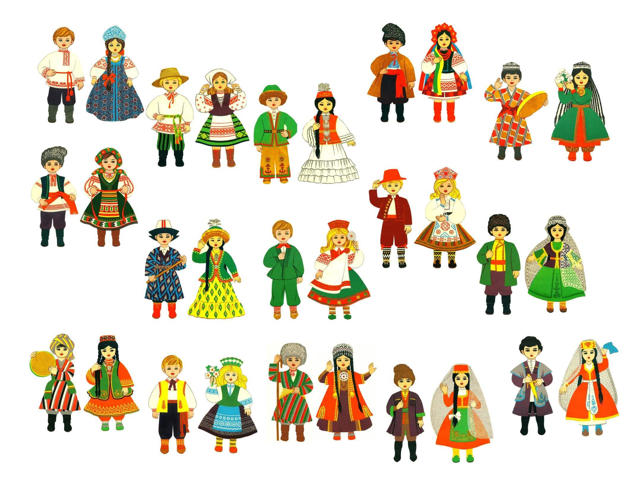 Рисунок национальностей. Национальные костюмы народов СССР. Национальности для детей.