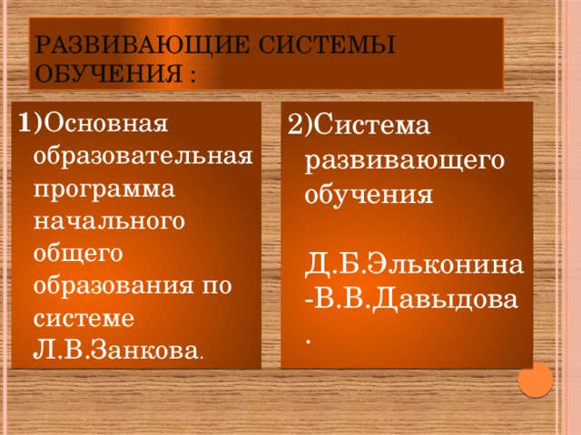 Развивающие системы обучения : 1) Основная образовательная программа начального общего образования по системе Л.В.Занкова . 2)Система развивающего обучения Д.Б.Эльконина-В.В.Давыдова .