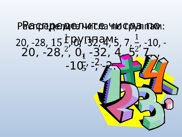 Распределите числа по группам:  20, -28, , 0, -32, 4, 5, 7, , -10, -, -2.  