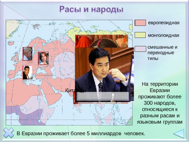 европеоидная монголоидная смешанные и переходные типы На территории Евразии проживают более 300 народов, относящиеся к разным расам и языковым группам В Евразии проживает более 5 миллиардов человек.