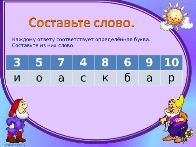 Каждому ответу соответствует определённая буква. Составьте из них слово. 3 и 5 о 7 4 а с 8 6 к б 9 10 а р