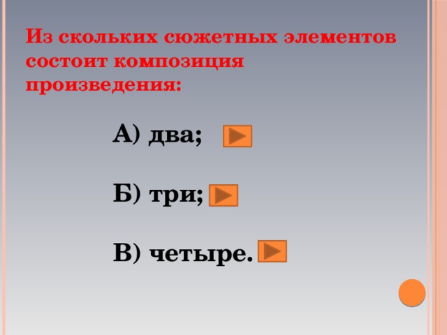 Из скольких сюжетных элементов состоит композиция произведения: А) два;  Б) три;  В) четыре.