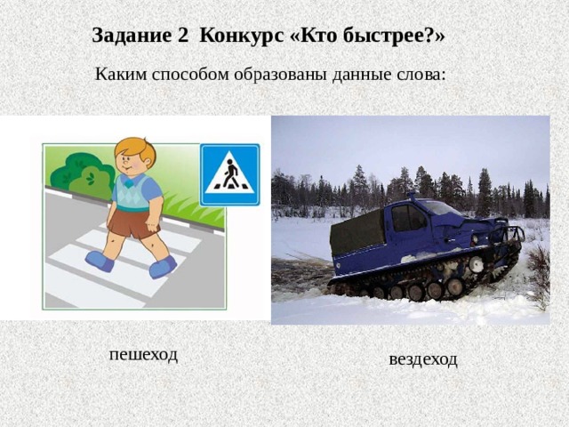 Задание 2 Конкурс «Кто быстрее?» Каким способом образованы данные слова: пешеход вездеход