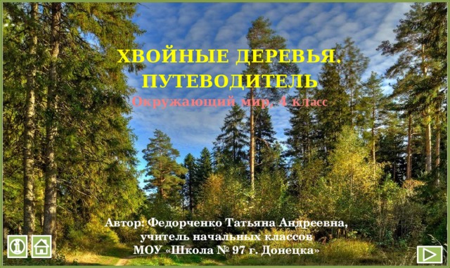 ХВОЙНЫЕ ДЕРЕВЬЯ. ПУТЕВОДИТЕЛЬ Окружающий мир, 4 кл асс Автор: Федорченко Татьяна Андреевна, учитель начальных классов МОУ «Школа № 97 г. Донецка»