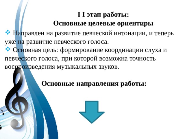 I I этап работы: Основные целевые ориентиры  Направлен на развитие певческой интонации, и теперь уже на развитие певческого голоса.  Основная цель: формирование координации слуха и певческого голоса, при которой возможна точность воспроизведения музыкальных звуков. Основные направления работы: