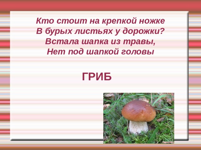 Кто стоит на крепкой ножке  В бурых листьях у дорожки?  Встала шапка из травы,  Нет под шапкой головы ГРИБ