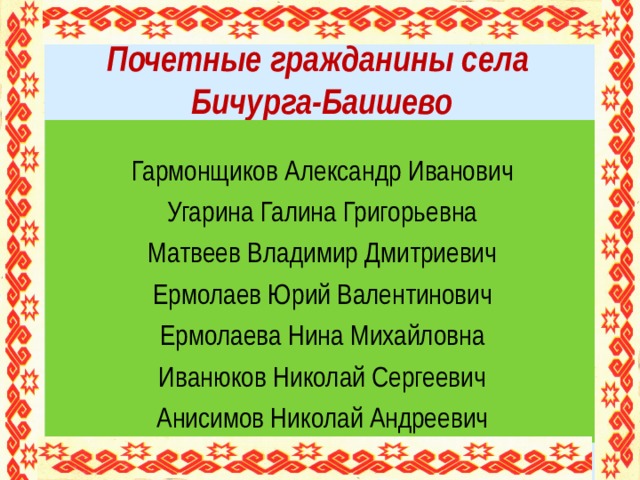 Почетные гражданины села  Бичурга-Баишево Гармонщиков Александр Иванович Угарина Галина Григорьевна Матвеев Владимир Дмитриевич Ермолаев Юрий Валентинович Ермолаева Нина Михайловна Иванюков Николай Сергеевич Анисимов Николай Андреевич Шикин Валентин Григорьевич