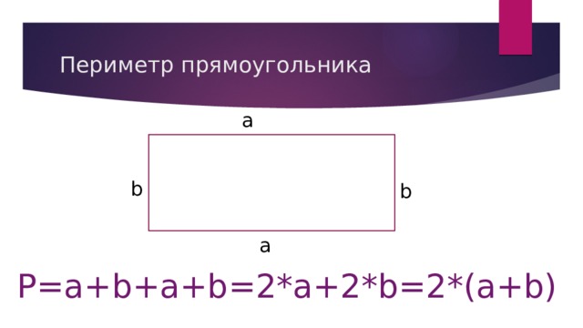 Периметр прямоугольника а b b а Р=а+b+a+b=2*a+2*b=2*(a+b)