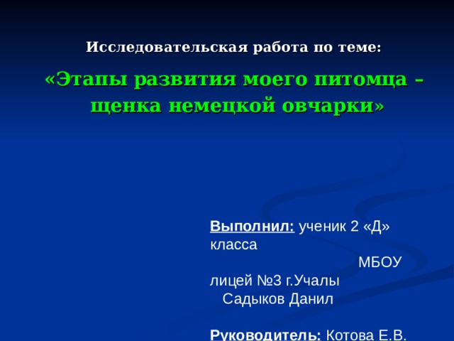 Исследовательская работа по теме:  «Этапы развития моего питомца –  щенка немецкой овчарки »   Выполнил: ученик 2 «Д» класса  МБОУ лицей №3 г.Учалы Садыков Данил    Руководитель: Котова Е.В.