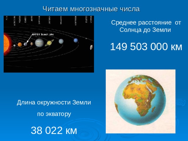 Читаем многозначные числа Среднее расстояние от Солнца до Земли 149 503 000 км Длина окружности Земли  по экватору 38 022 км