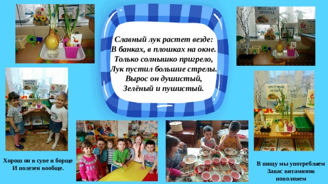 Славный лук растет везде: В банках, в плошках на окне. Только солнышко пригрело, Лук пустил большие стрелы. Вырос он душистый, Зелёный и пушистый. Хорош он в супе и борще И полезен вообще. В пищу мы употребляем Запас витаминов пополняем