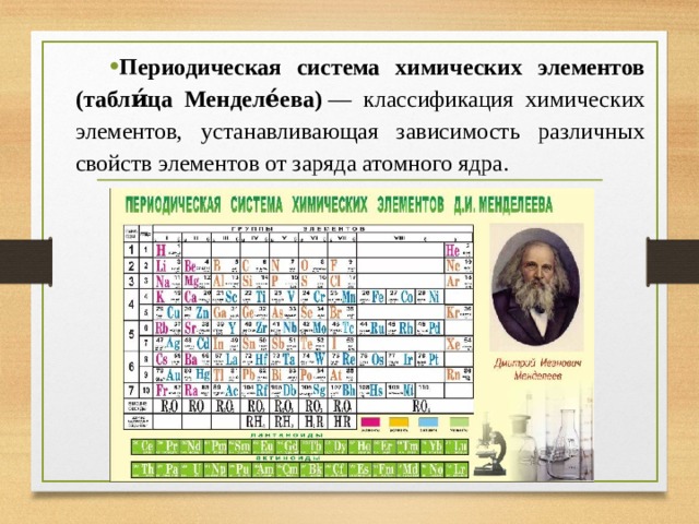 Периодическая система химических элементов (табли́ца Менделе́ева)  — классификация химических элементов, устанавливающая зависимость различных свойств элементов от заряда атомного ядра.