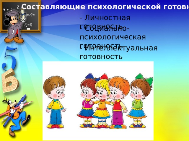 Составляющие психологической готовности - Личностная готовность - Социально-психологическая готовность - Интеллектуальная готовность