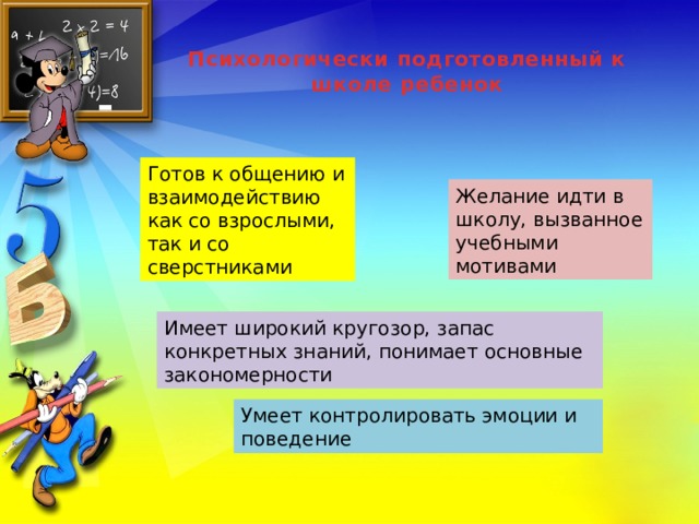 Психологически подготовленный к школе ребенок   Готов к общению и взаимодействию как со взрослыми, так и со сверстниками Желание идти в школу, вызванное учебными мотивами Имеет широкий кругозор, запас конкретных знаний, понимает основные закономерности Умеет контролировать эмоции и поведение