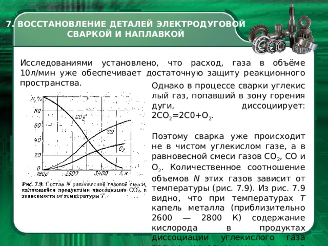 7. ВОССТАНОВЛЕНИЕ ДЕТАЛЕЙ ЭЛЕКТРОДУГОВОЙ СВАРКОЙ И НАПЛАВКОЙ Исследованиями установлено, что расход, газа в объё­ме 10л/мин уже обеспечивает доста­точную защиту реакционного про­странства. Однако в процессе сварки углекис­лый газ, попавший в зону горения ду­ги, диссоциирует: 2СО 2 =2С0+О 2 . Поэтому сварка уже происходит не в чистом углекислом газе, а в равно­весной смеси газов СО 2 , СО и О 2 . Ко­личественное соотношение объемов N этих газов зависит от температуры (рис. 7.9). Из рис. 7.9 видно, что при температурах Т капель металла (приблизительно 2600 — 2800 К) со­держание кислорода в продуктах диссоциации углекислого газа только несколько меньше, чем в атмосфере воздуха.