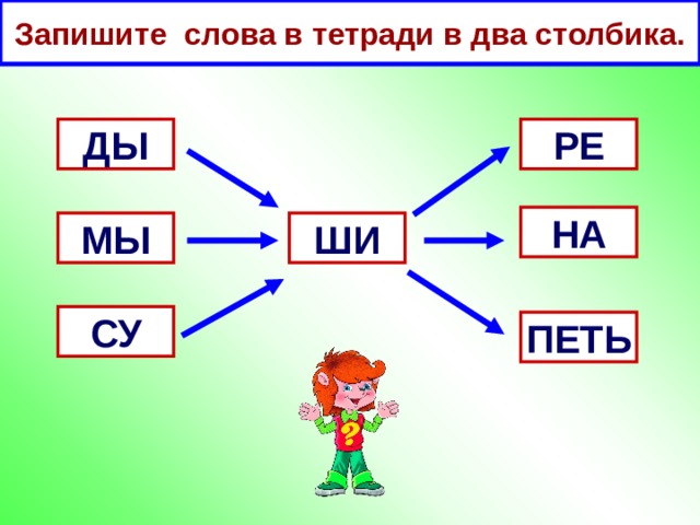 Запишите слова в тетради в два столбика. ДЫ РЕ НА ШИ МЫ СУ ПЕТЬ