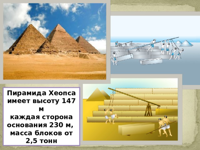 Пирамида Хеопса имеет высоту 147 м каждая сторона основания 230 м, масса блоков от 2,5 тонн