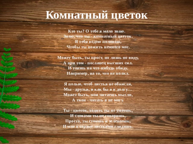 Комнатный цветок Кто ты? О тебе я мало знаю.  Знаю, что ты - комнатный цветок.  Я тебя водою поливаю,  Чтобы ты пожить немного мог.   Может быть, ты прост, но лишь по виду,  А при том - посланец высших сил.  И таишь на что-нибудь обиду,  Например, на то, что не полил.   Я полью, чтоб листья не обвисли,  Мы - друзья, и как бы я в долгу…  Может быть, мои читаешь мысли,  А твои - читать я не могу.   Ты - цветок, ходить ты не умеешь,  И словами ты не говоришь,  Просто, ты стоишь и зеленеешь,  И мне в сердце листьями глядишь.