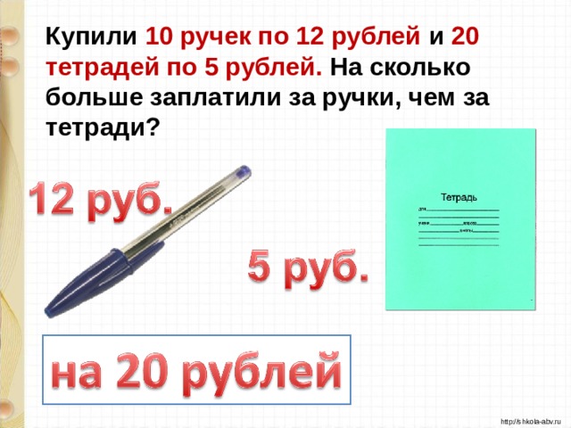 Купили 10 ручек по 12 рублей и 20 тетрадей по 5 рублей. На сколько больше заплатили за ручки, чем за тетради?