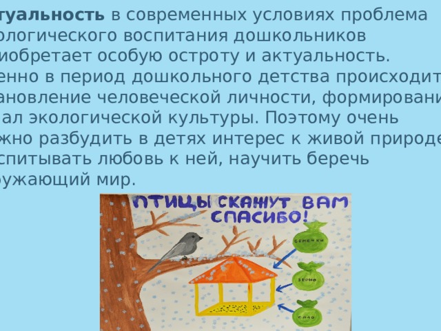 Актуальность в современных условиях проблема  экологического воспитания дошкольников  приобретает особую остроту и актуальность. Именно в период дошкольного детства происходит  становление человеческой личности, формирование начал экологической культуры. Поэтому очень  важно разбудить в детях интерес к живой природе,  воспитывать любовь к ней, научить беречь окружающий мир.