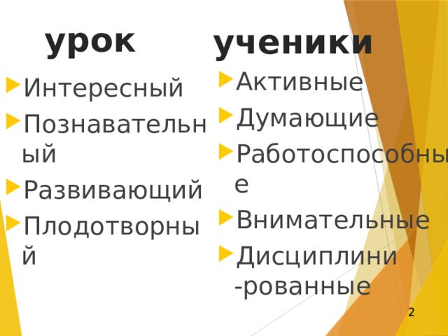 урок ученики Активные Думающие Работоспособные Внимательные Дисциплини -рованные  Интересный Познавательный Развивающий Плодотворный 2