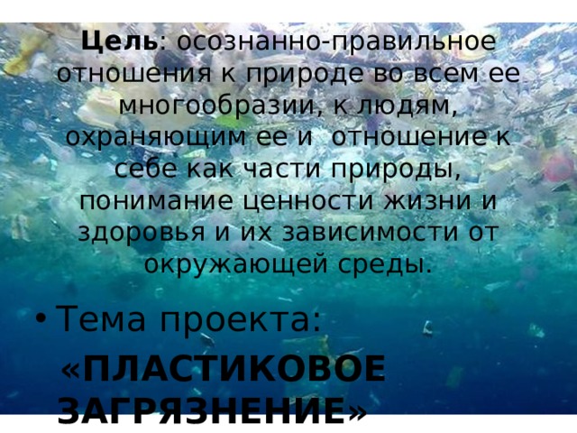 Цель : осознанно-правильное отношения к природе во всем ее многообразии, к людям, охраняющим ее и  отношение к себе как части природы, понимание ценности жизни и здоровья и их зависимости от окружающей среды.   https://ru.wikipedia.org/wiki/%D0%9F%D0%BB%D0%B0%D1%81%D1%82%D0%B8%D0%BA%D0%BE%D0%B2%D0%BE%D0%B5_%D0%B7%D0%B0%D0%B3%D1%80%D1%8F%D0%B7%D0%BD%D0%B5%D0%BD%D0%B8%D0%B5 Тема проекта:  «ПЛАСТИКОВОЕ ЗАГРЯЗНЕНИЕ»