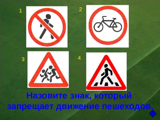 2 1 4 3 Назовите знак, который запрещает движение пешеходов.