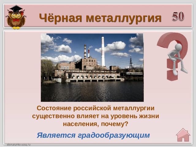 Чёрная металлургия Состояние российской металлургии существенно влияет на уровень жизни населения, почему? Является градообразующим