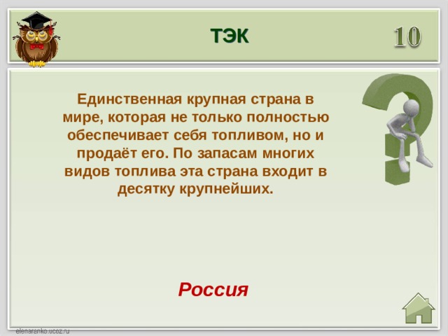 ТЭК Единственная крупная страна в мире, которая не только полностью обеспечивает себя топливом, но и продаёт его. По запасам многих видов топлива эта страна входит в десятку крупнейших.  Россия