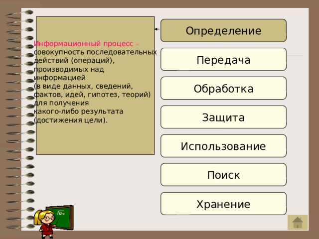 Информационный процесс –  совокупность последовательных  действий (операций),  производимых над  информацией  (в виде данных, сведений,  фактов, идей, гипотез, теорий)  для получения  какого-либо результата  (достижения цели). Определение Передача Обработка Защита Использование Поиск Хранение