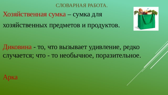 Словарная работа. Хозяйственная сумка – сумка для хозяйственных предметов и продуктов. Диковина - то, что вызывает удивление, редко случается; что - то необычное, поразительное.  Арка