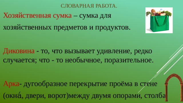 Словарная работа. Хозяйственная сумка – сумка для хозяйственных предметов и продуктов. Диковина - то, что вызывает удивление, редко случается; что - то необычное, поразительное.  Арка -  дугообразное перекрытие проёма в стене (окна́, двери, ворот)между двумя опорами, столба ми.