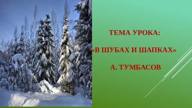 Тема урока:   «В шубах и шапках»   А. Тумбасов