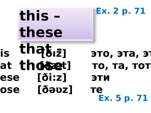 Ex. 2 p. 71 this – these that - those this [ ðız] это, эта, этот that [ ðæt] то, та, тот these [ ði:z] эти those [ ðəʋz] те Ex. 5 p. 71