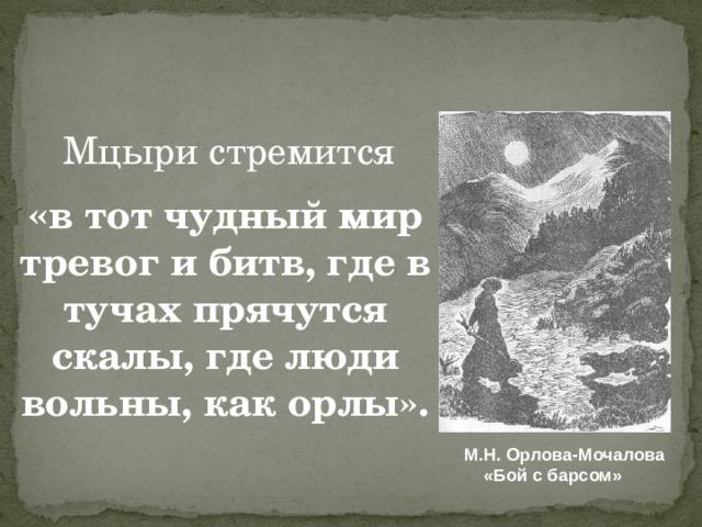 Мцыри стремится « в тот чудный мир тревог и битв, где в тучах прячутся скалы, где люди вольны, как орлы». М.Н. Орлова-Мочалова  «Бой с барсом»