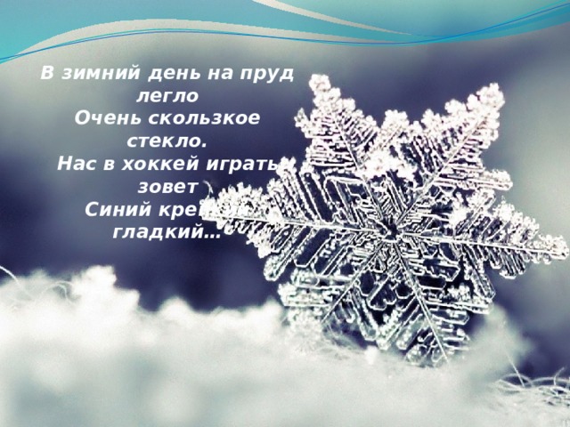 В зимний день на пруд легло  Очень скользкое стекло.  Нас в хоккей играть зовет  Синий крепкий гладкий…
