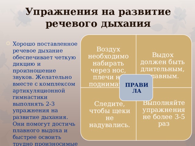 Воздух необходимо набирать через нос, плечи не поднимать. Следите, чтобы щеки не надувались. Выполняйте упражнения не более 3-5 раз Упражнения на развитие речевого дыхания Выдох должен быть длительным, плавным . Хорошо поставленное речевое дыхание обеспечивает четкую дикцию и произношение звуков. Желательно вместе с комплексом артикуляционной гимнастики выполнять 2-3 упражнения на развитие дыхания. Они помогут достичь плавного выдоха и быстрее освоить трудно произносимые звуки. ПРАВИЛА