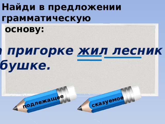 Найди в предложении грамматическую  основу: подлежащее сказуемое На пригорке жил лесник в избушке.