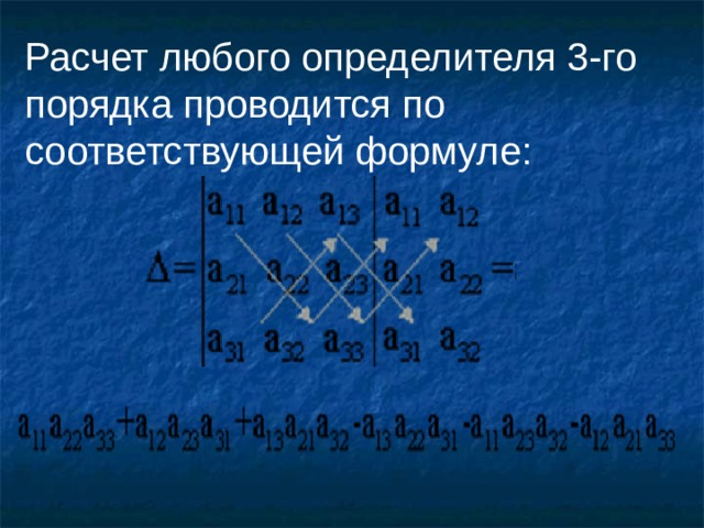 Расчет любого определителя 3-го порядка проводится по соответствующей формуле: