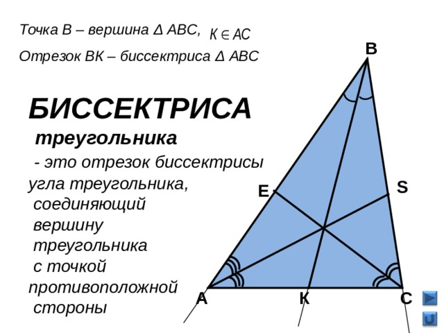 Точка В – вершина Δ АВС, Отрезок ВК – биссектриса Δ АВС В БИССЕКТРИСА  треугольника  - это отрезок биссектрисы угла треугольника,  соединяющий  вершину  треугольника  с точкой противоположной  стороны S E К С А