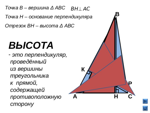 Точка В – вершина Δ АВС Точка Н – основание перпендикуляра Отрезок ВН – высота Δ АВС  В ВЫСОТА  это перпендикуляр,  проведённый  из вершины  треугольника  к прямой,  содержащей  противоположную  сторону  К Р С Н А 7